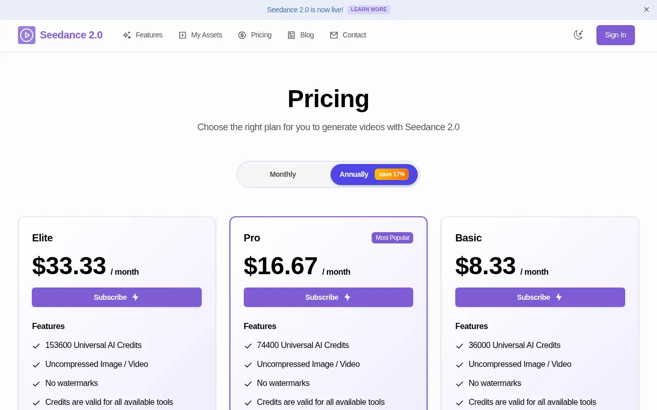 Seedance 2.0-4 — pricing page