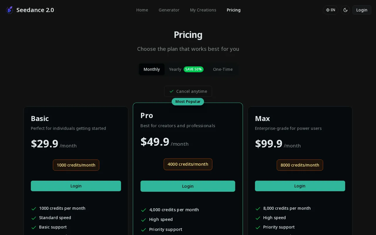 Seedance 2.0-5 — pricing page
