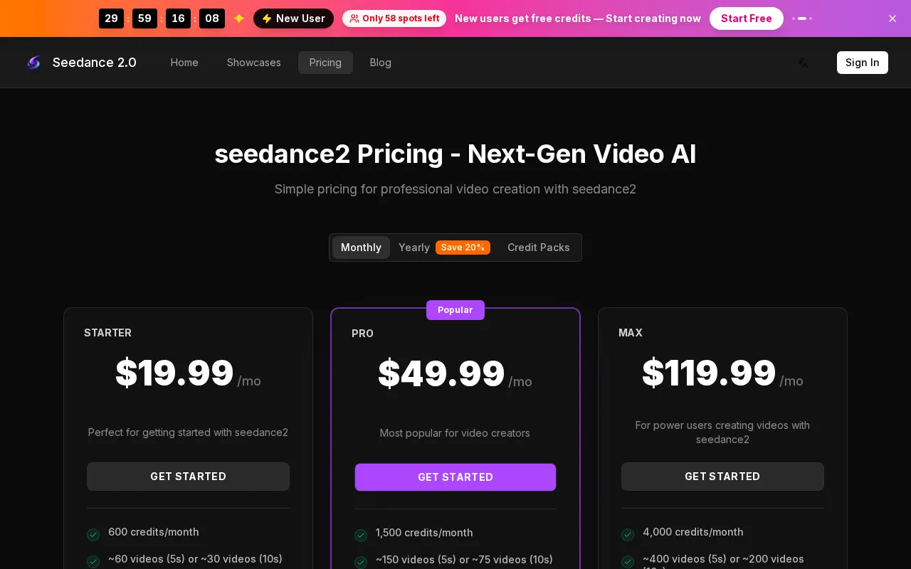 Seedance 2.0-8 — pricing page