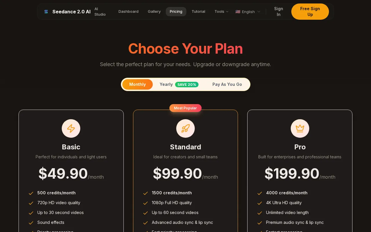 aiseedance2.ai — pricing page