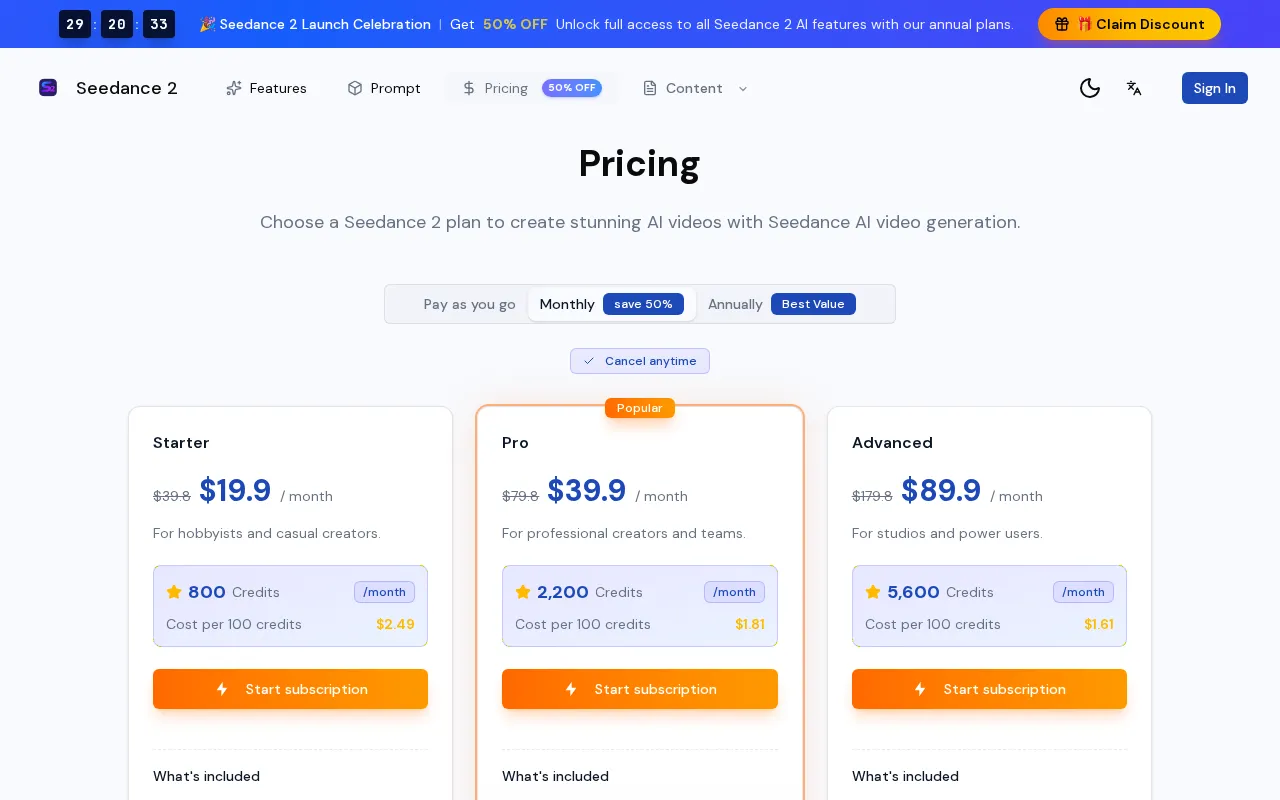 Seedance 2.0 AI-9 — pricing page