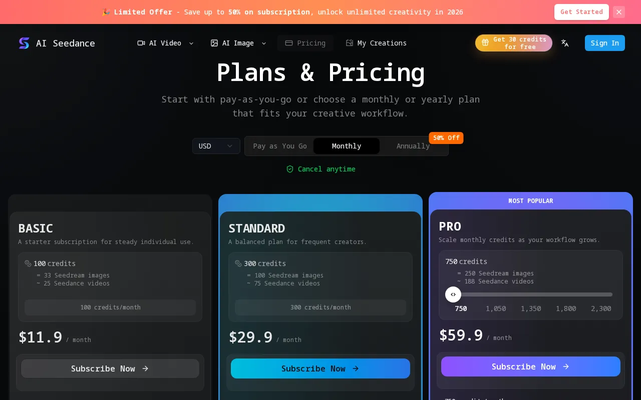 Seedance 2.0 AI -AI Video Generator — pricing page