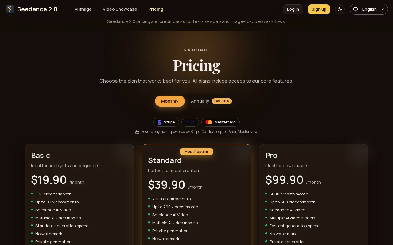 Seedance 2.0 AI Video Generator — pricing page