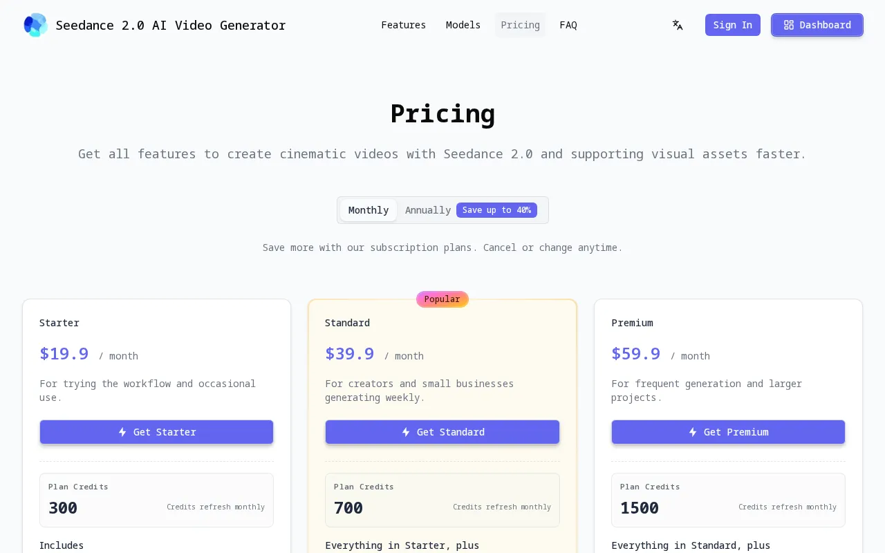 Seedance 2.0 Pro — pricing page