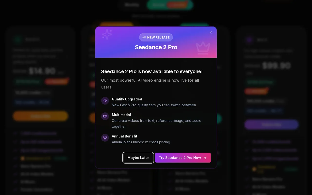 Seedance 2 — pricing page