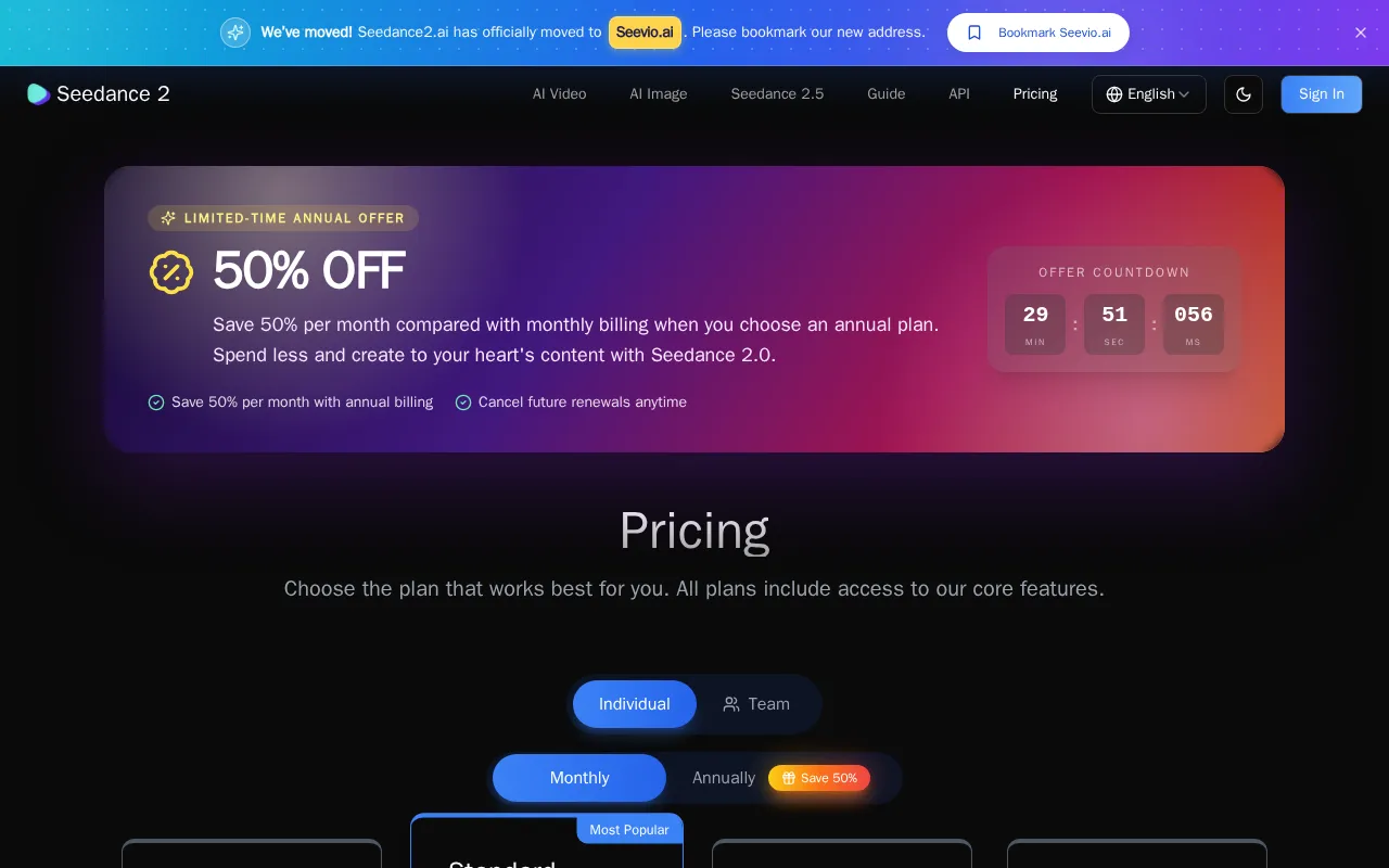 Seedance 2 — pricing page