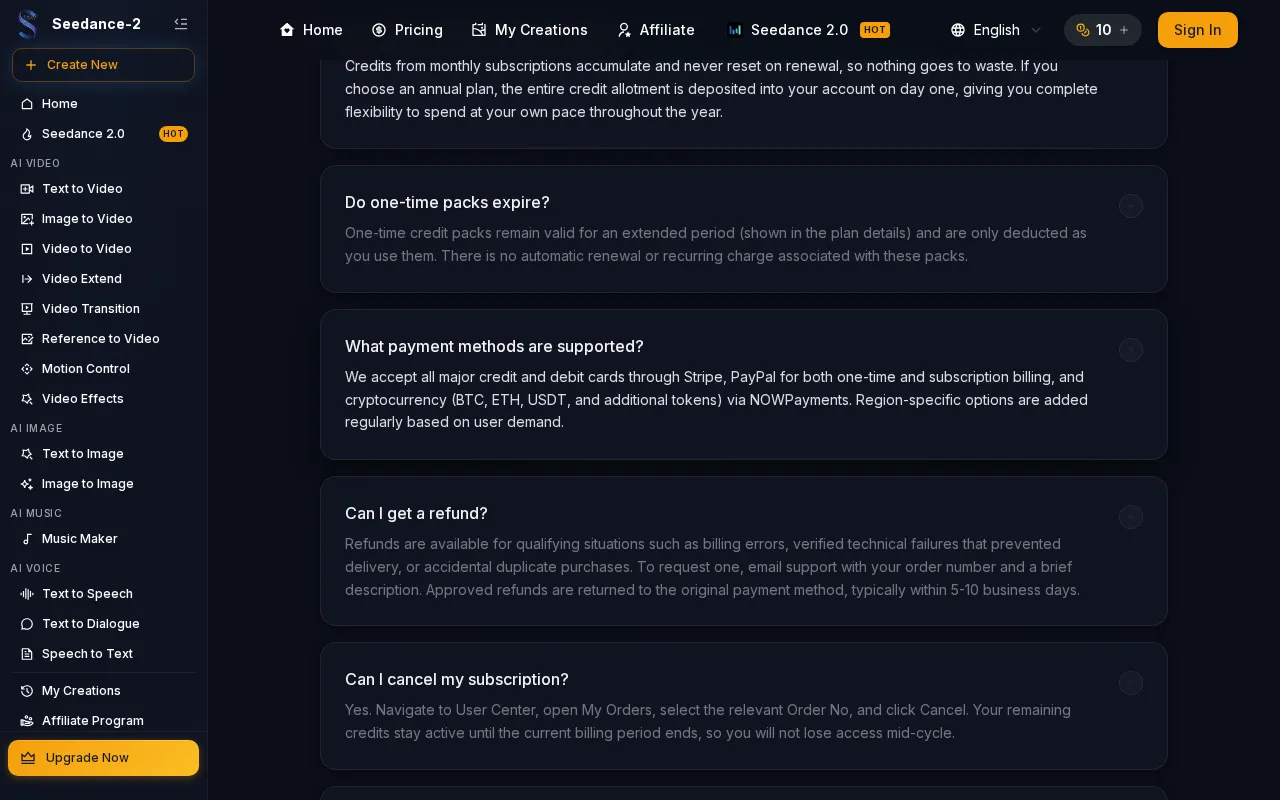 Seedance 2-2 — pricing page