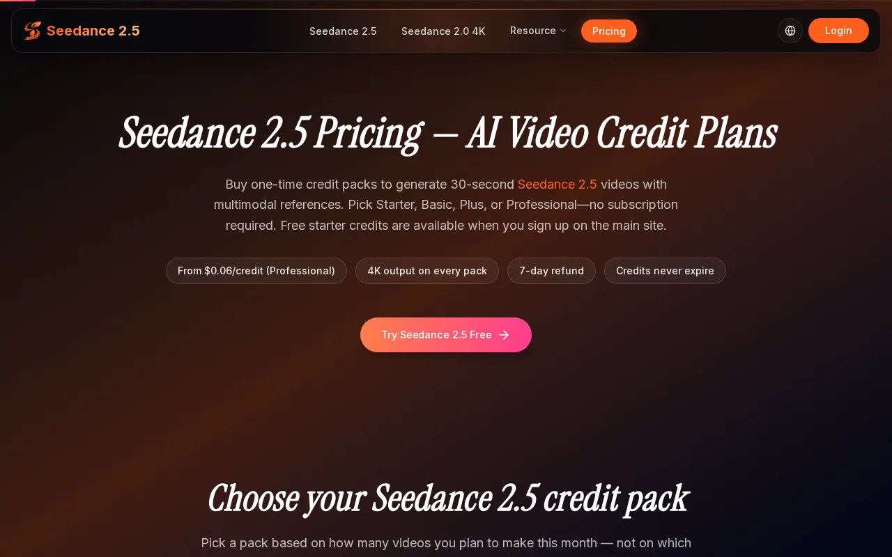 Seedance 2.5 AI Video Generator — pricing page