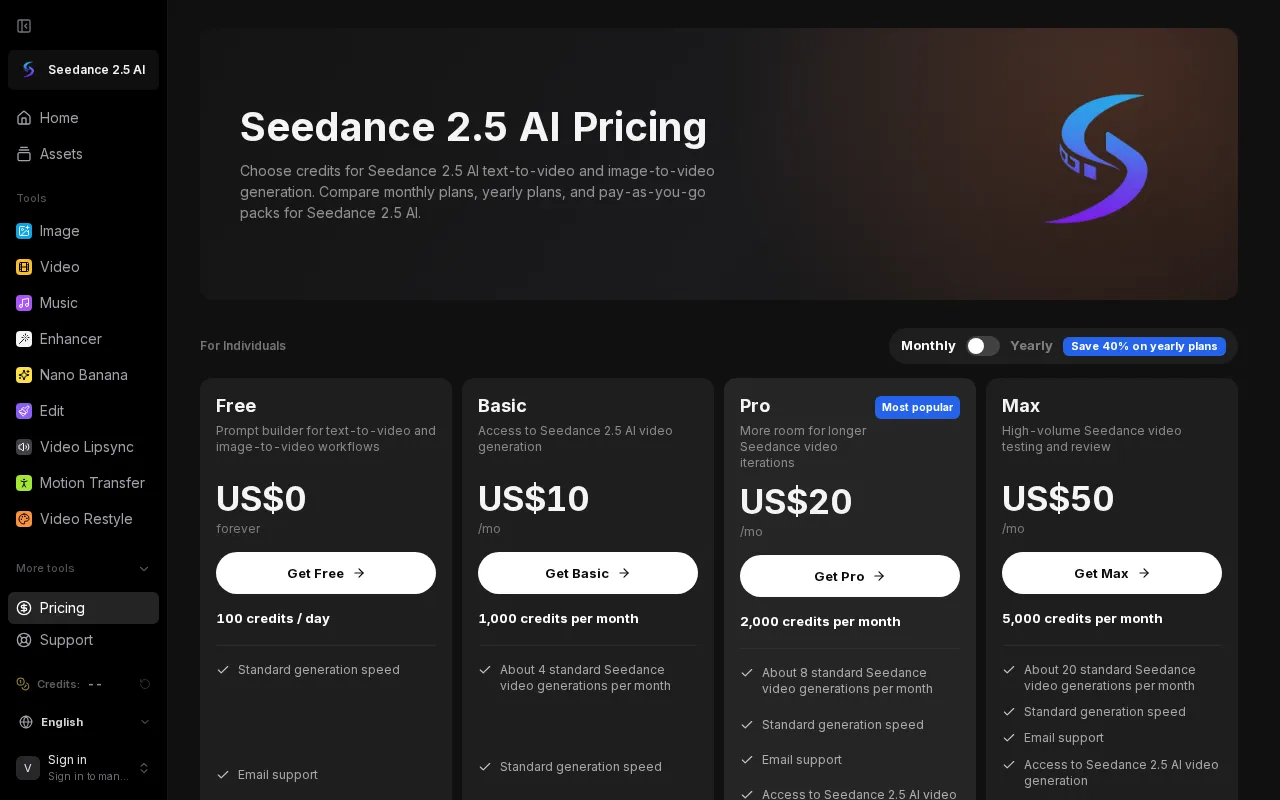 Seedance 2.5 AI — pricing page