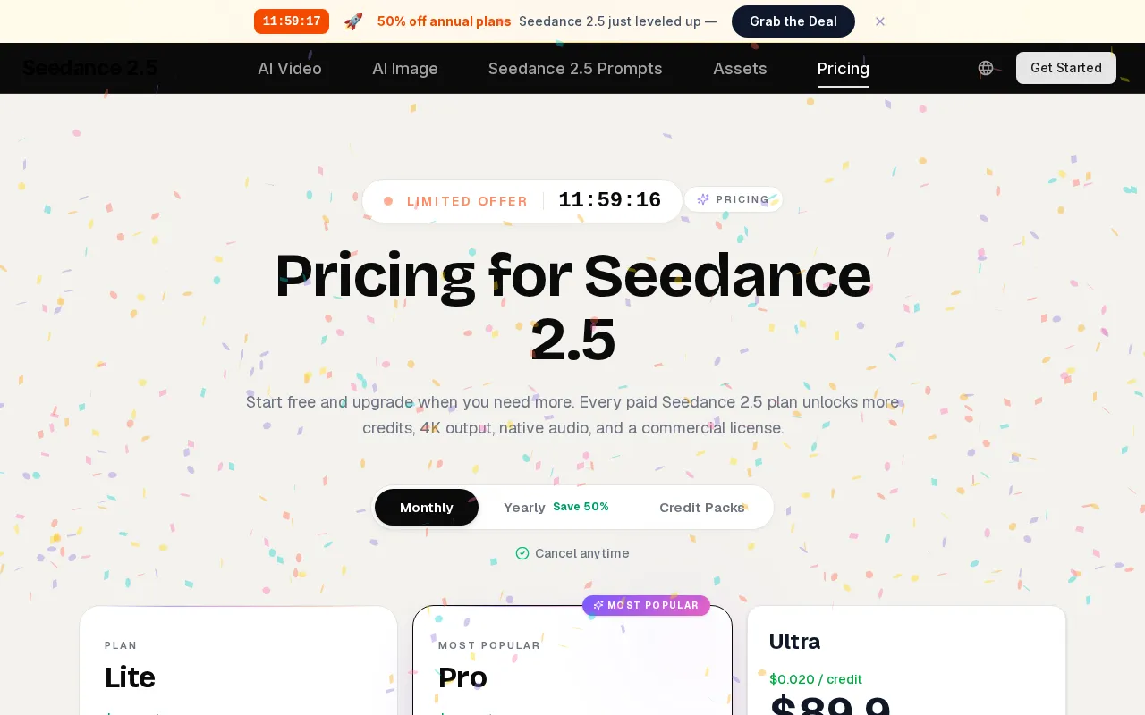 Seedance 2.5 — pricing page