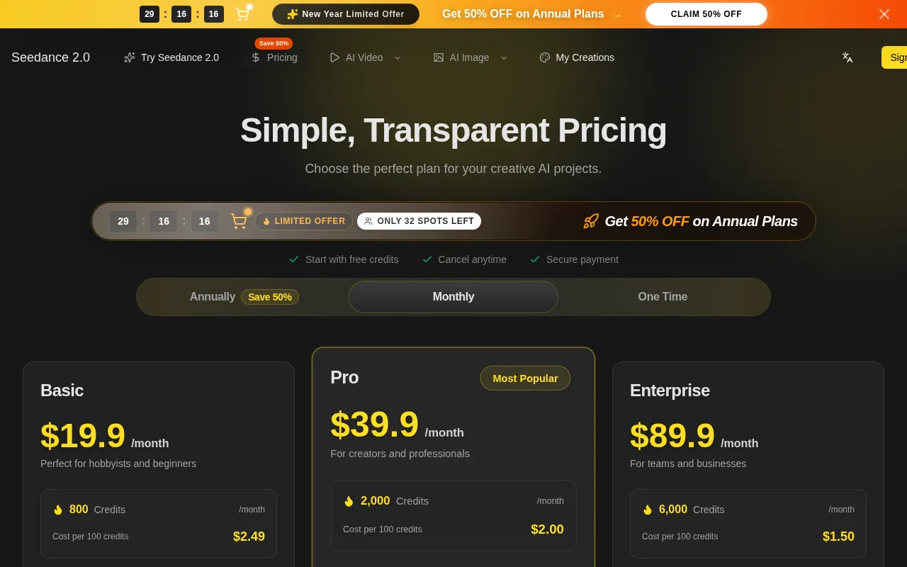 Seedance 2-9 — pricing page