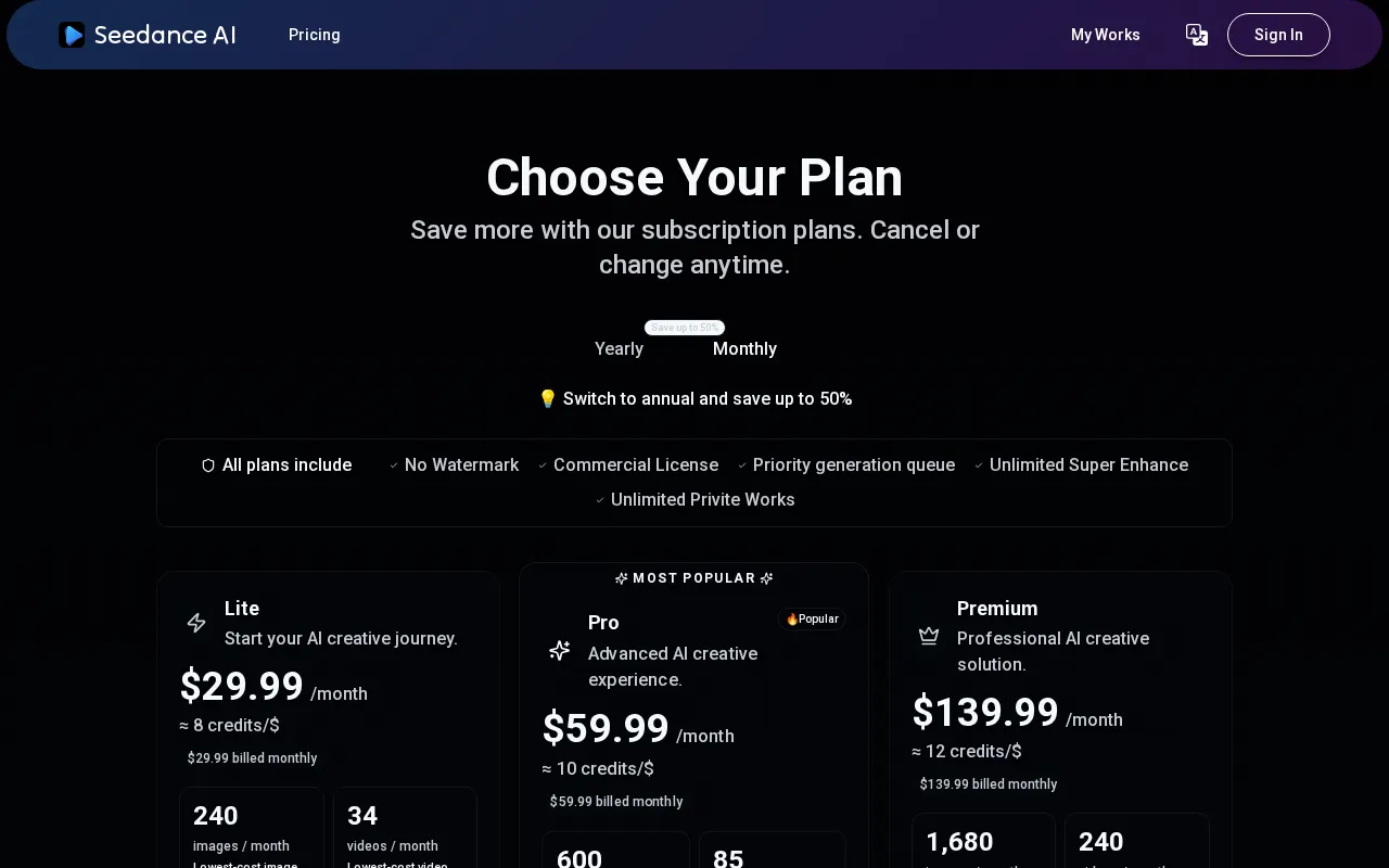 SEEDANCE 2 AI Video Generator — pricing page