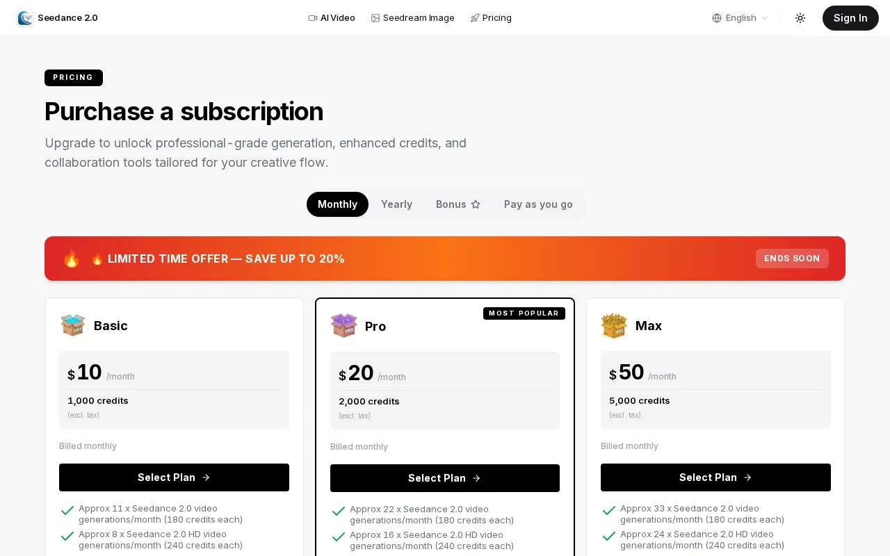 Seedance 2 AI — pricing page