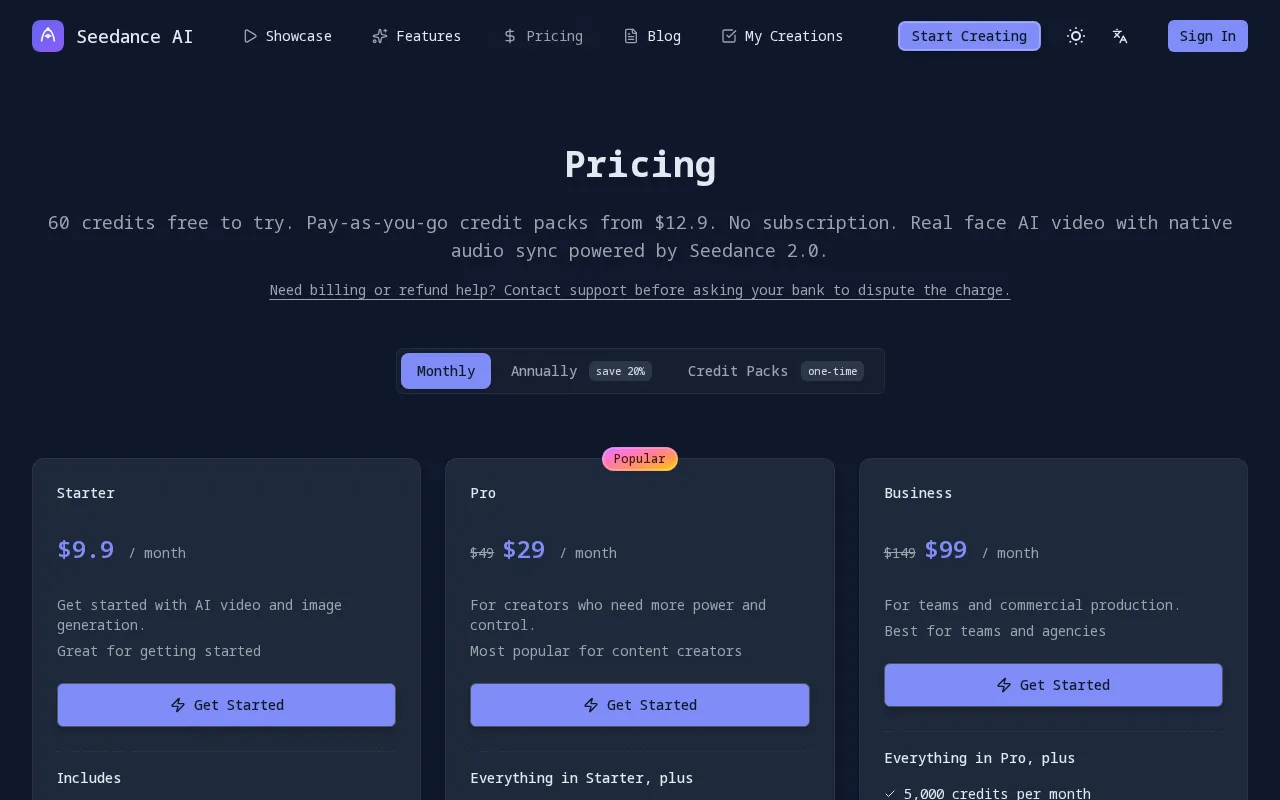Seedance 2 Cloud — pricing page