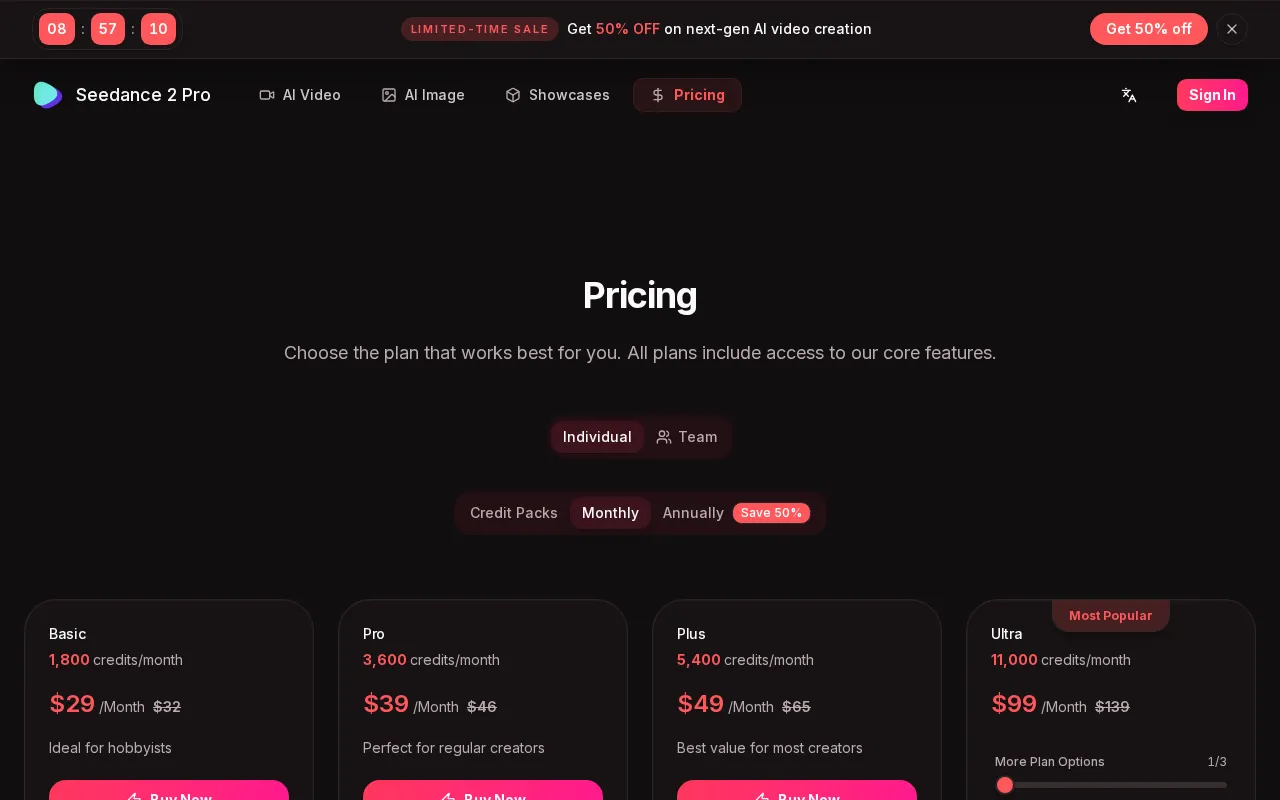 Seedance 2 Pro — pricing page