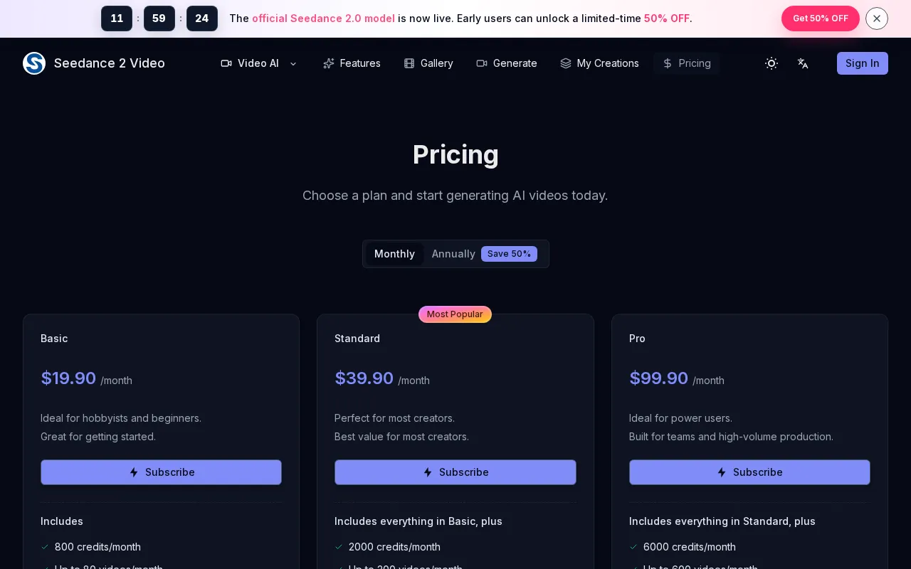 Seedance 2 Video — pricing page
