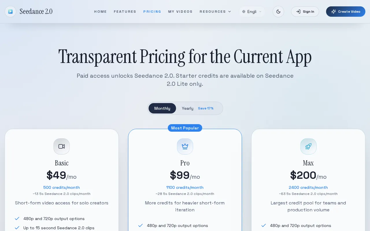 Seedance 2 — pricing page