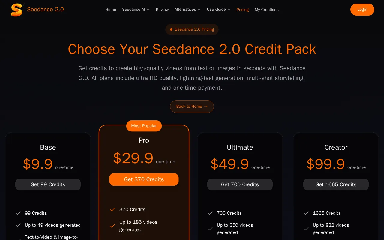 Seedance 2.0 — pricing page