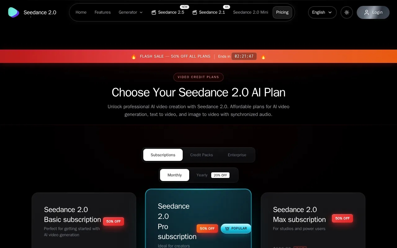 Seedance 2.0 — pricing page