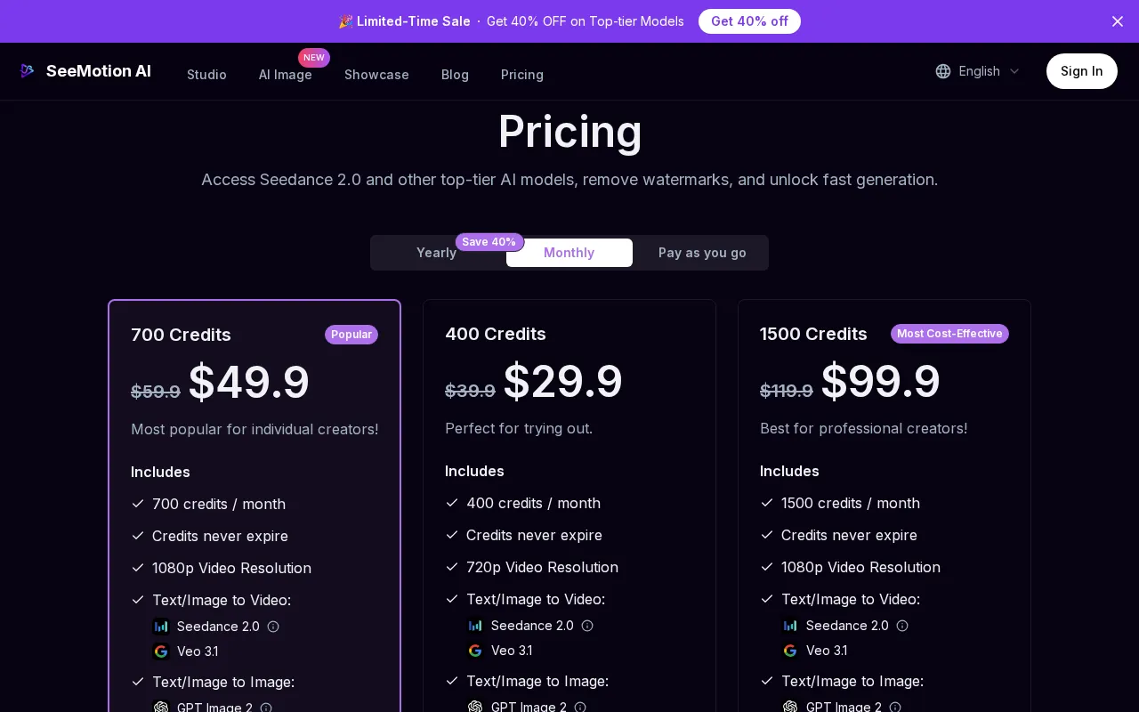 Seedance 2.0 AI Video Generator - Create Cinematic Videos — pricing page