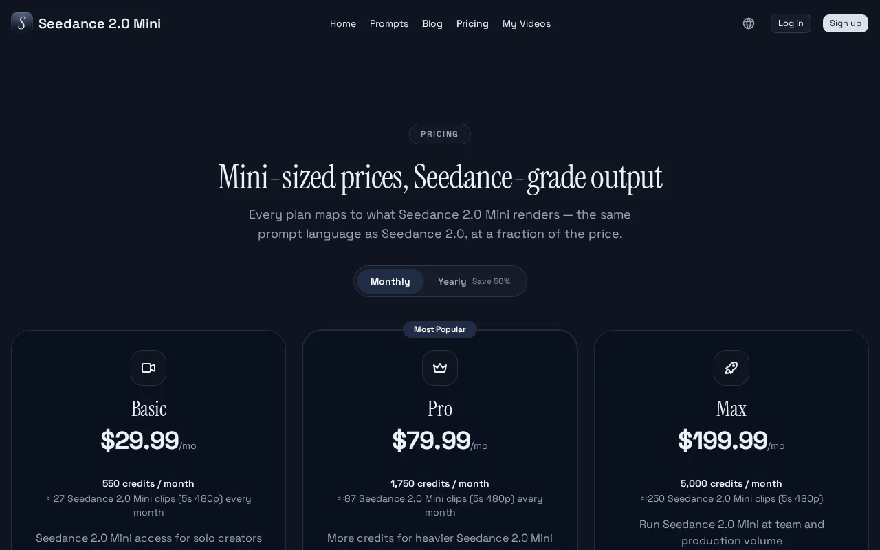 Seedance 2.0 Mini — pricing page