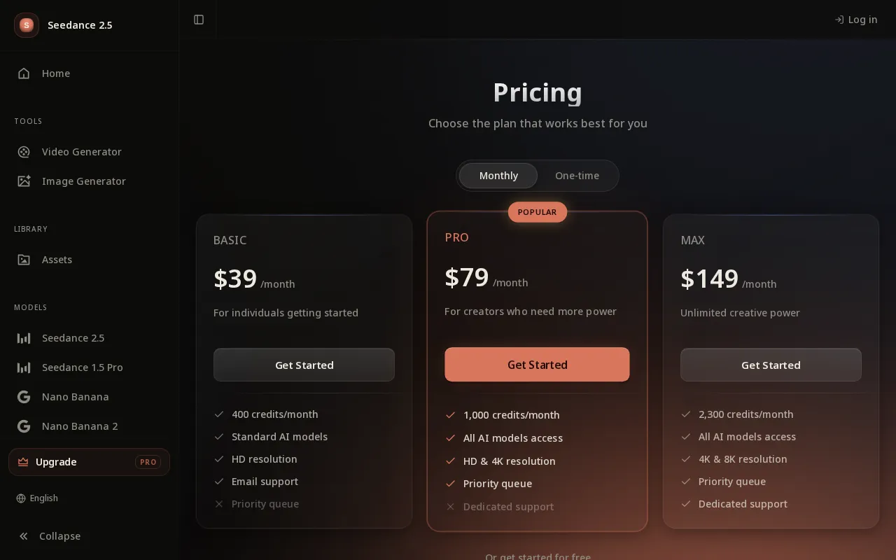 Seedance 2.1 — pricing page