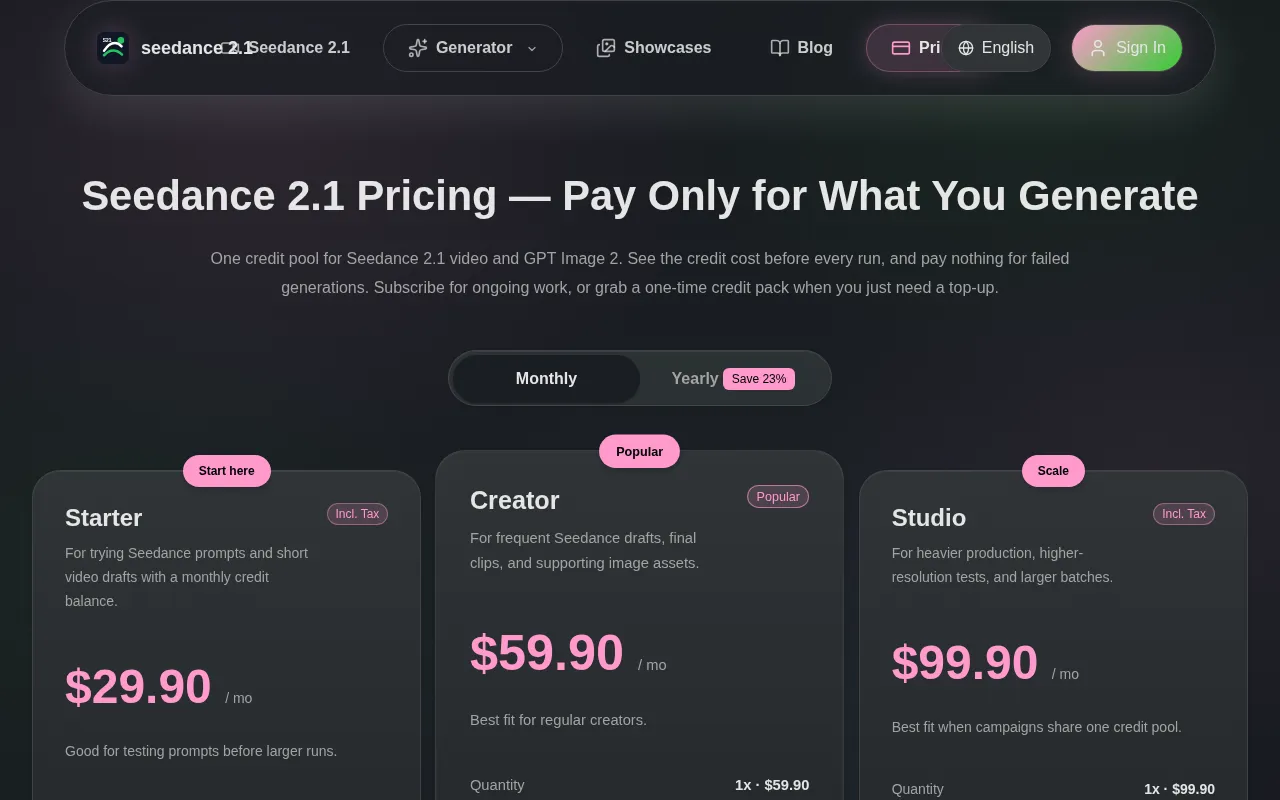 Seedance 2.1 — pricing page