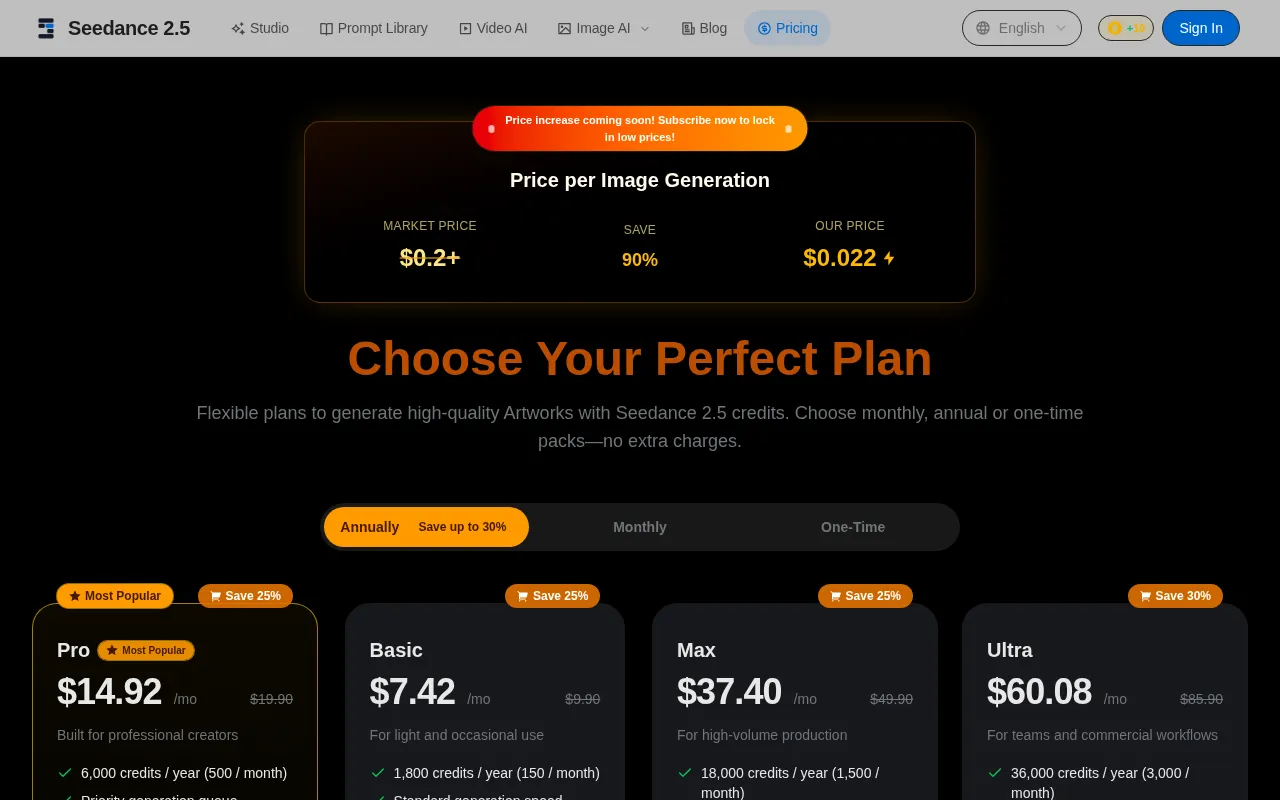 Seedance 2.5 — pricing page