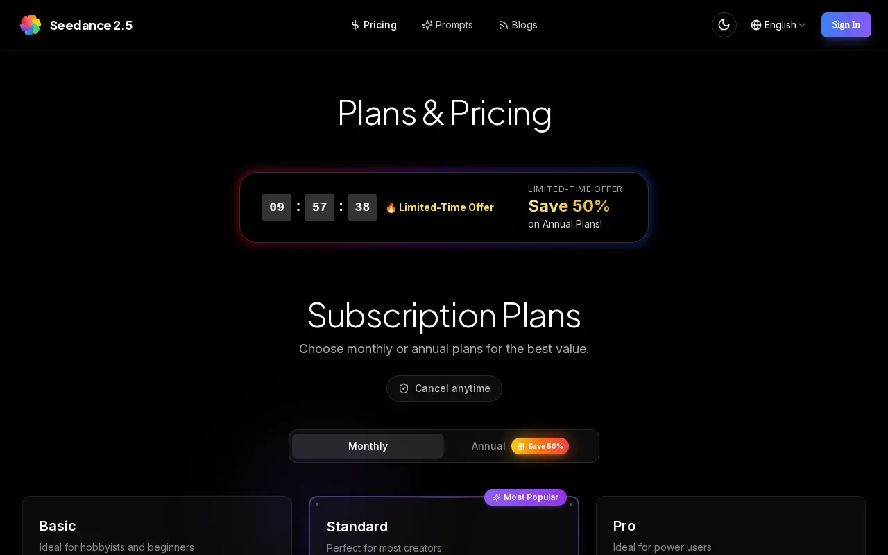 Seedance 2.5 — pricing page