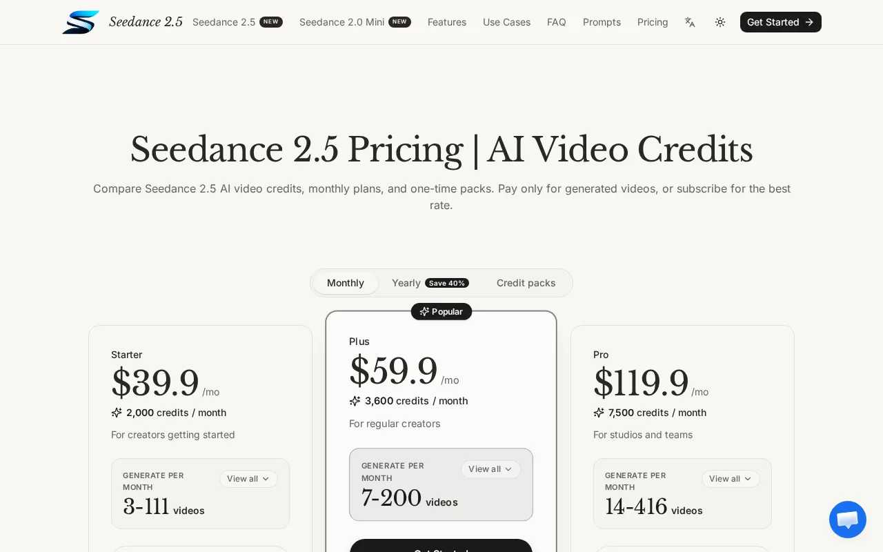 Seedance 2.5 — pricing page