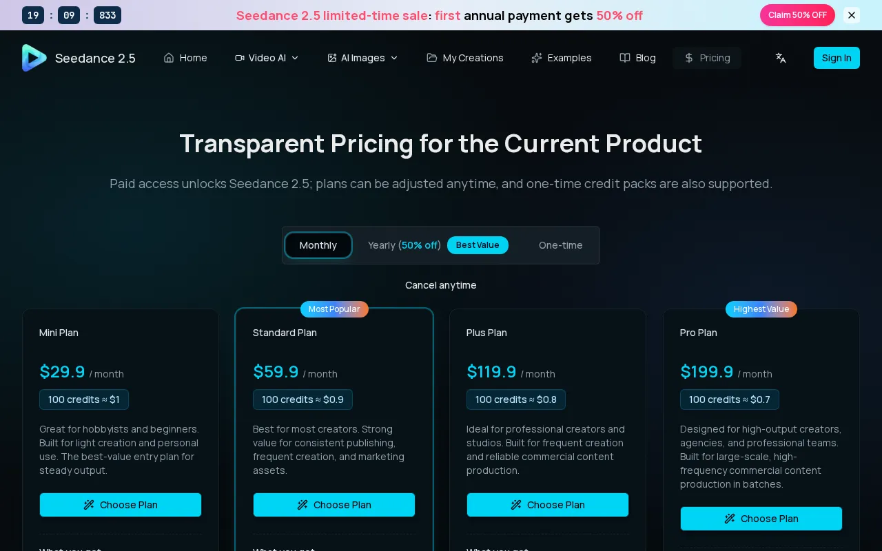 Seedance 2.5 — pricing page