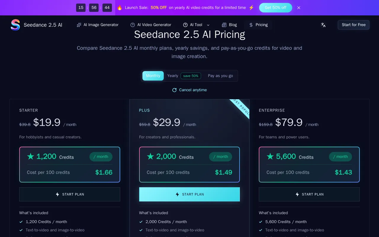 Seedance 2.5 AI — pricing page