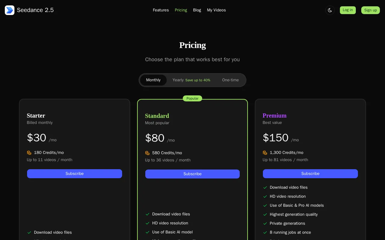 Seedance 2.5 — pricing page