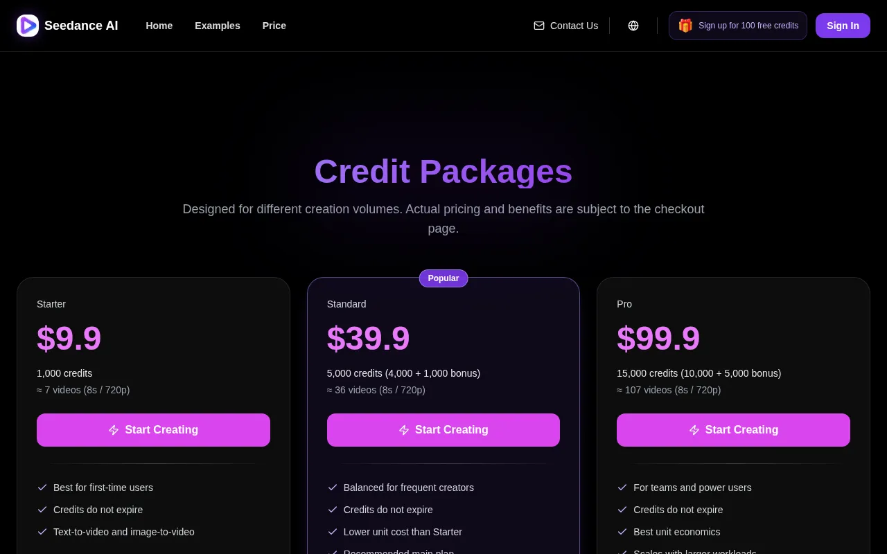 Seedance AI-11 — pricing page