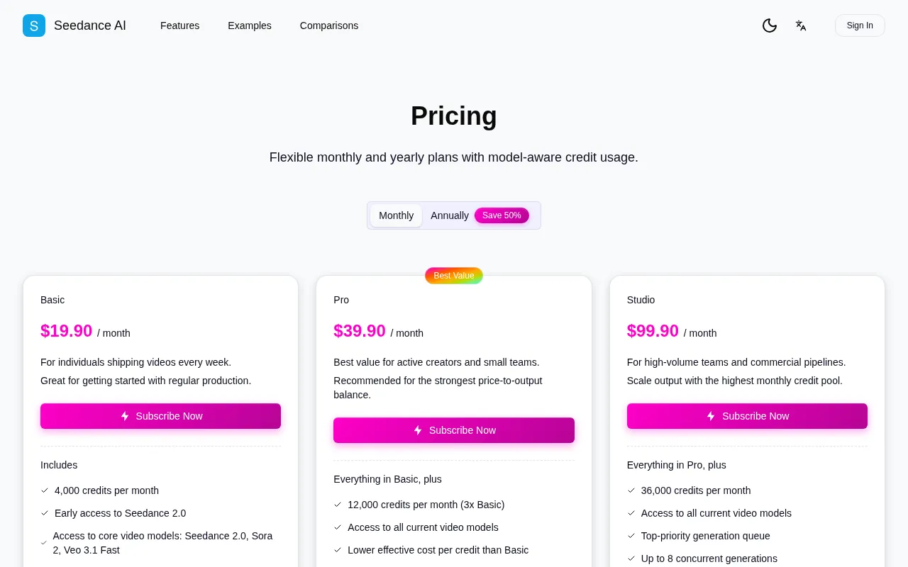 Seedance AI-6 — pricing page