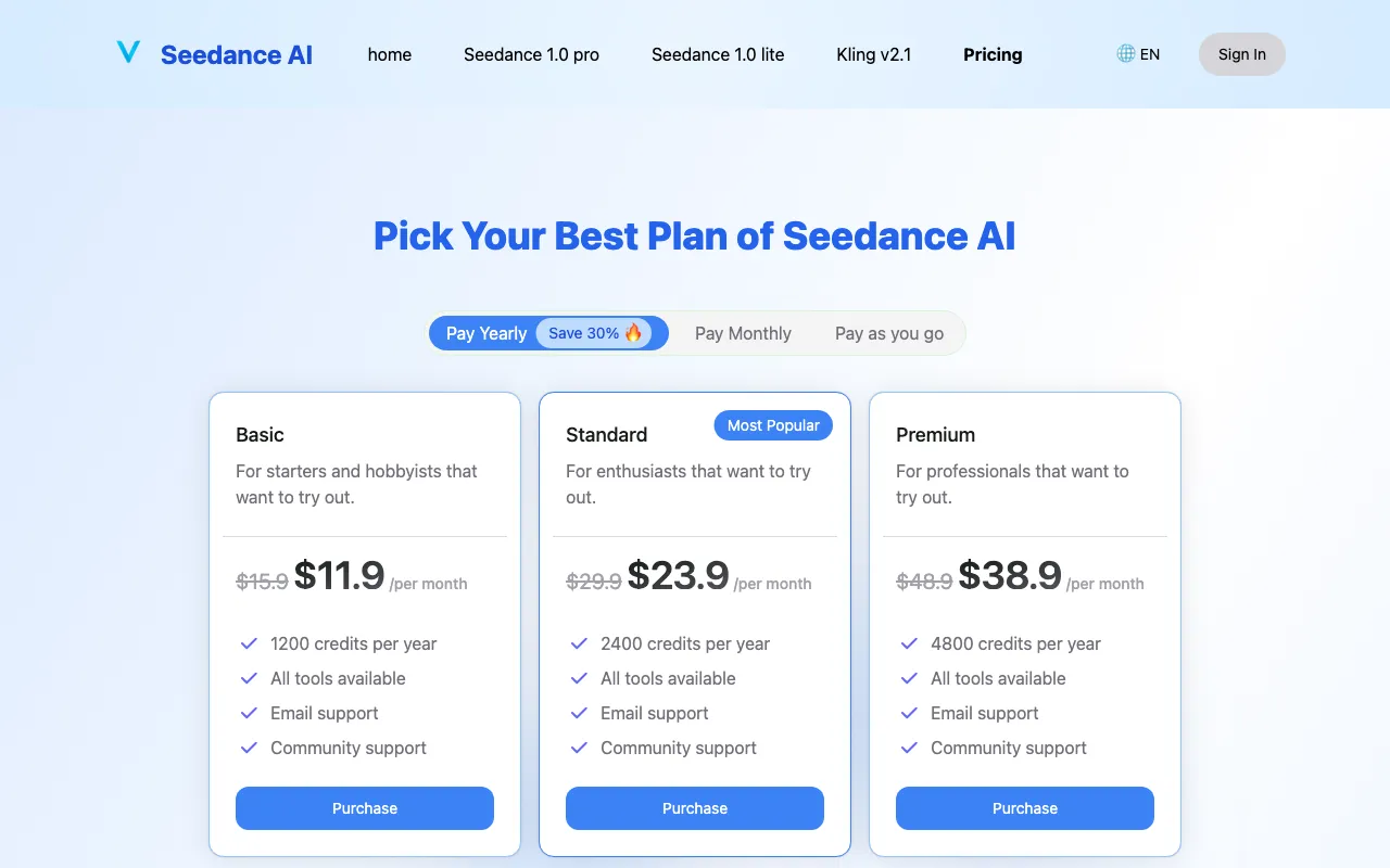Seedance AI — pricing page