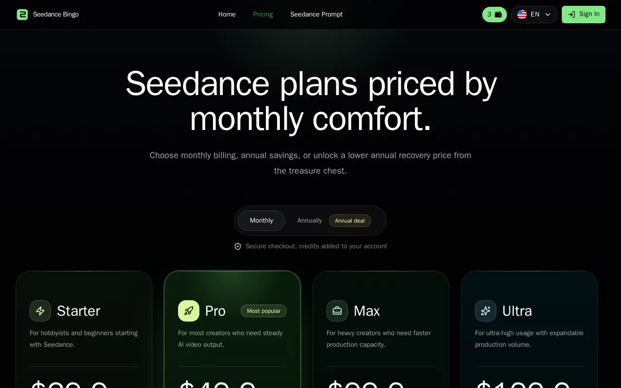 Seedance Bingo — pricing page