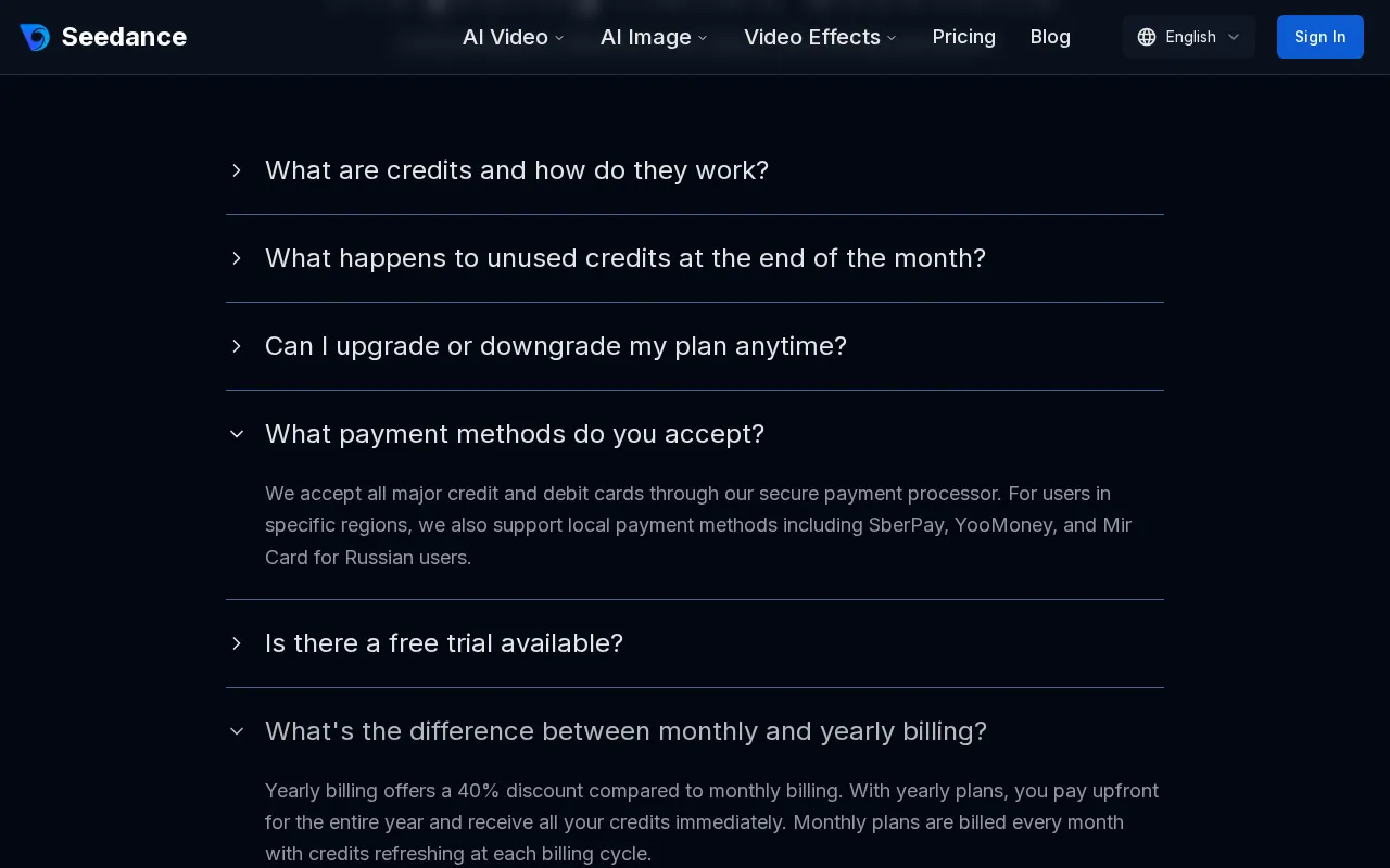 Seedance — pricing page