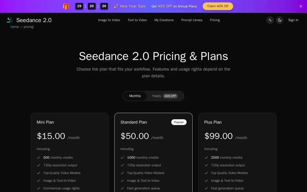 Seedance 2.0 — pricing page