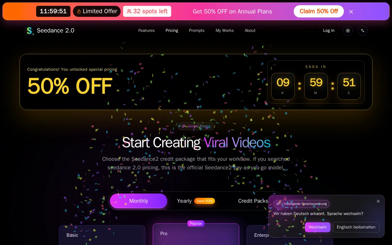 Seedance 2.0 — pricing page