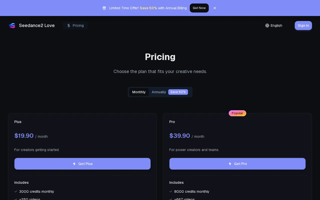 Seedance2.love — pricing page