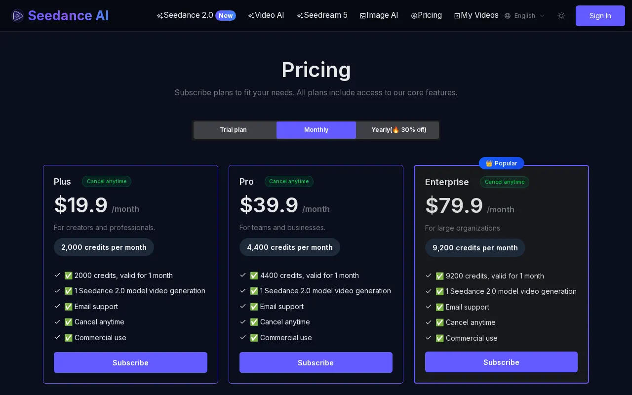 seedance2.org — pricing page