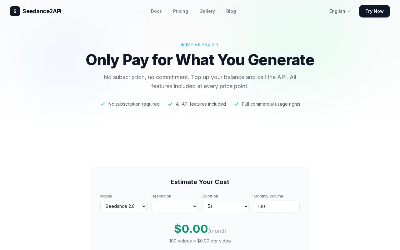 Seedance2API — pricing page