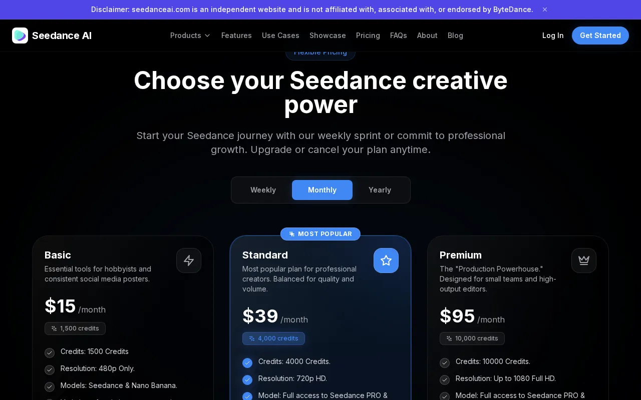 seedanceai.com — pricing page