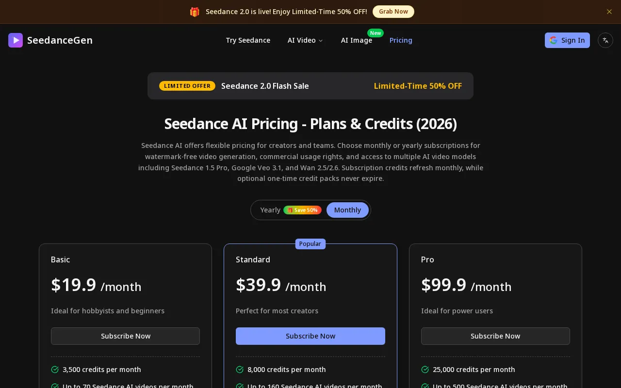 SeedanceGen AI — pricing page