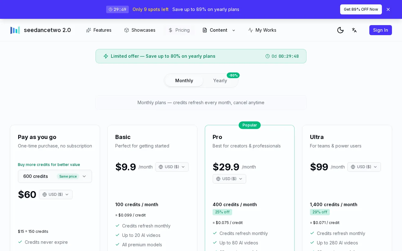 seedancetwo2.0 — pricing page