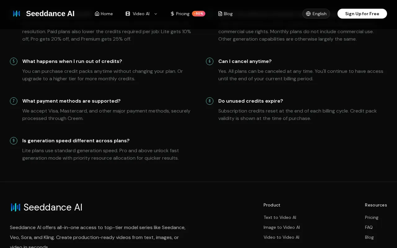 Seeddance AI-9 — pricing page