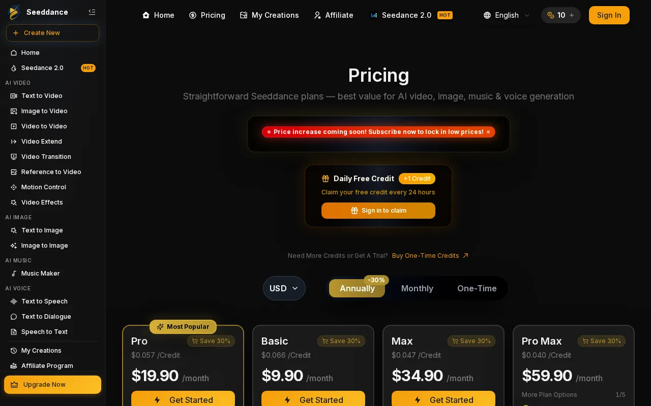 Seedance 2.0 — pricing page