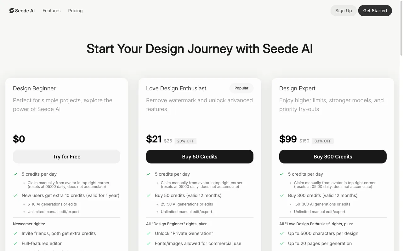 Seede AI — pricing page