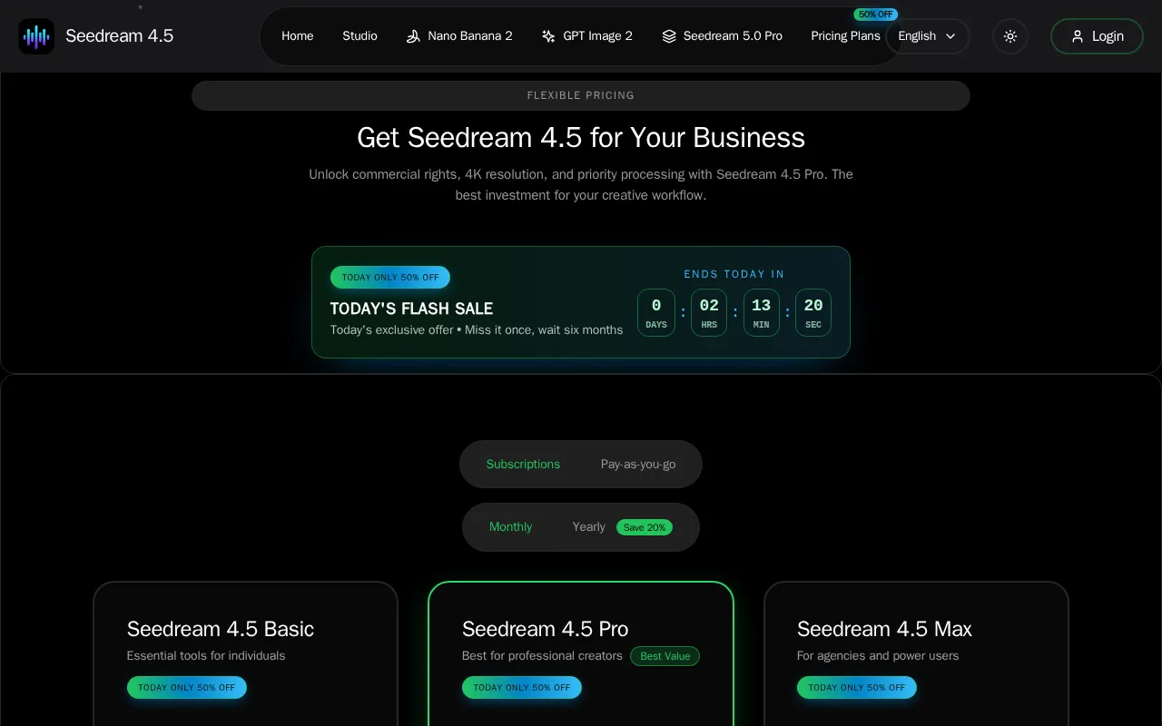 Seedream 4.5 AI — pricing page